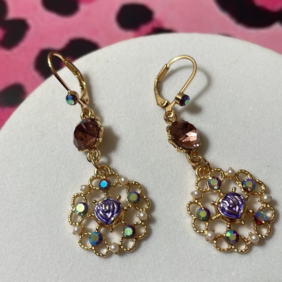 Betsy Johnson Purple Flower Crystal Drop Earrings - Picture 5 of 14